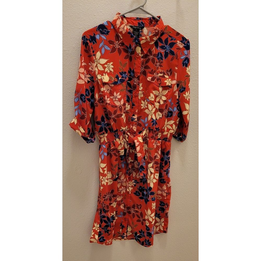 Millenium large women's red yellow blue floral Dress. Elastic Waist belt. Collar - Picture 3 of 7